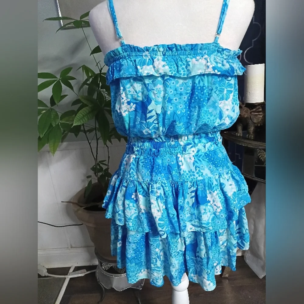 Blue Floral Ruffle Dress Rompers - Picture 6 of 14